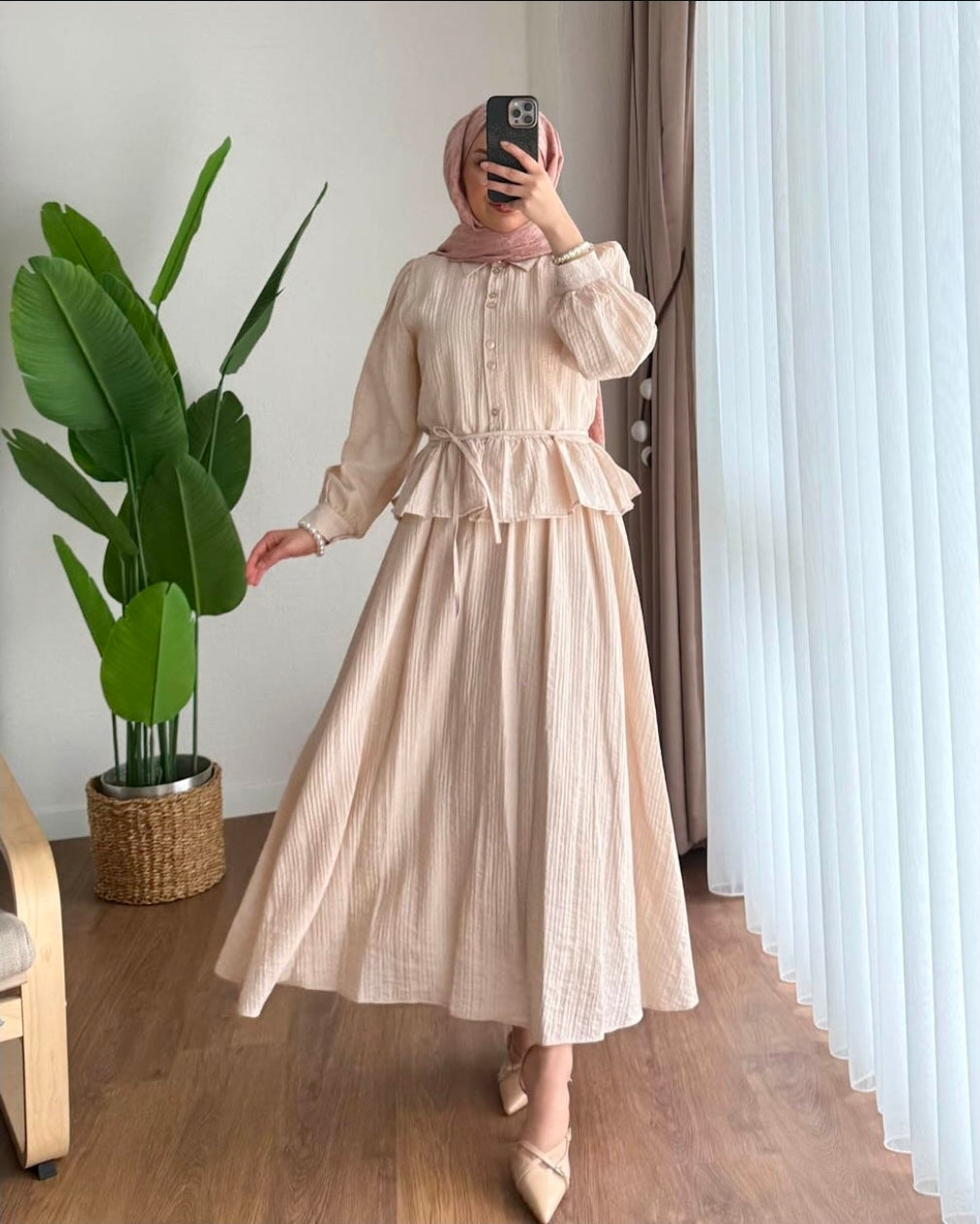 MESK Premium Spanish Linen 2-Piece Set: Long Sleeve Blouse & Flowy Skirt Collection